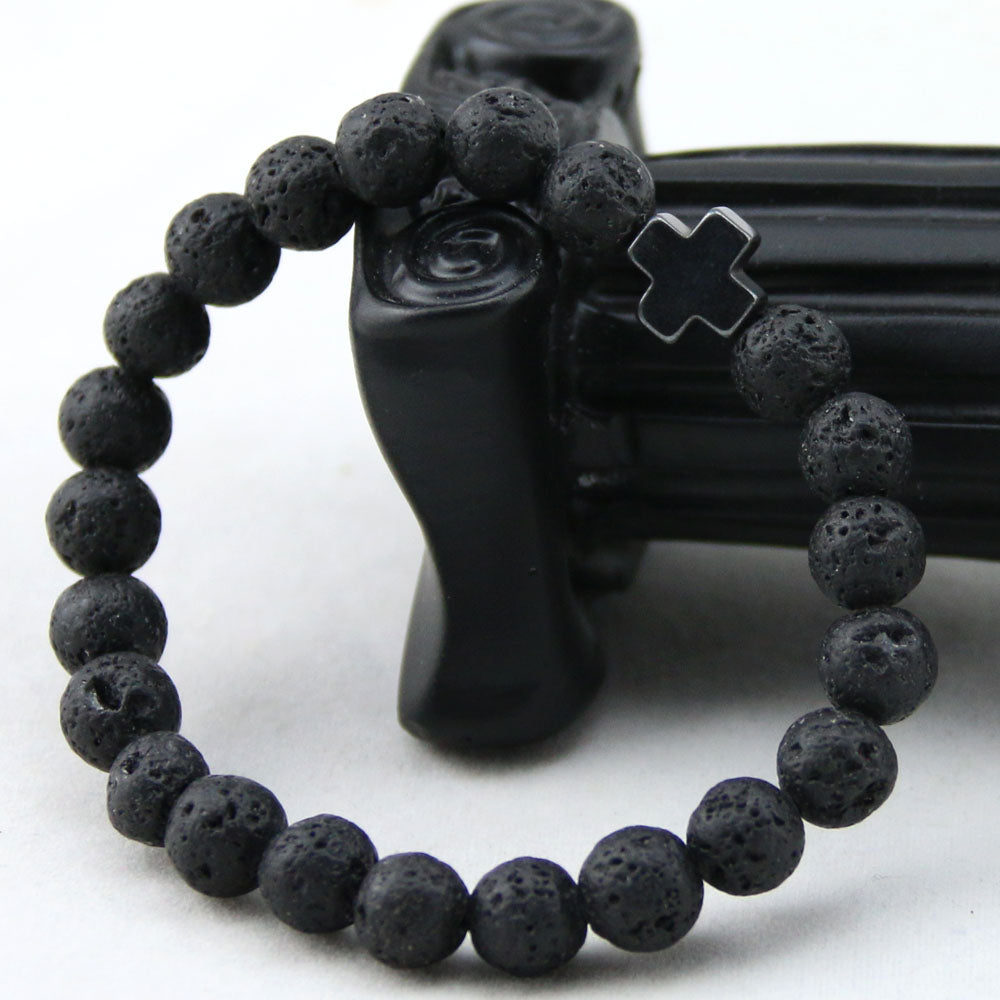 2017 New Arrival Mens Beaded Jewelry 8mm Lava Stone Beads Gallstone Cross Bracelets