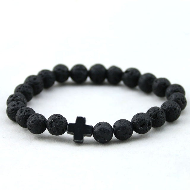 2017 New Arrival Mens Beaded Jewelry 8mm Lava Stone Beads Gallstone Cross Bracelets