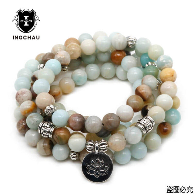 Vintage Buddhism 108 Beads Mala Bracelet or Necklace Amazonite Mantra Lotus Bracelets