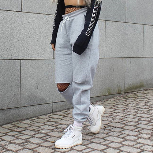 Women Loose Baggy Trousers Fashion 2018 Spring Grey Solid Distress Joggers