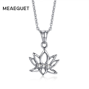 Meaeguet Bling Lotus Yoga Om Pendant Necklace Cubic Zirconia Open Flower Necklaces