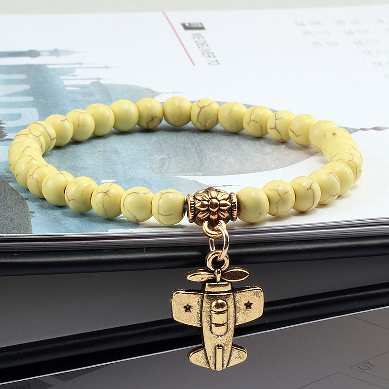 Fashion Matte Black Turquoises Beaded Bracelet For Women Alloy Gold Plane