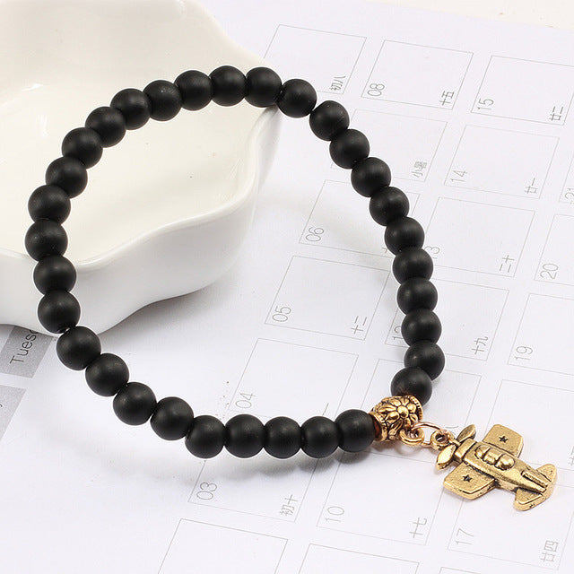 Fashion Matte Black Turquoises Beaded Bracelet For Women Alloy Gold Plane