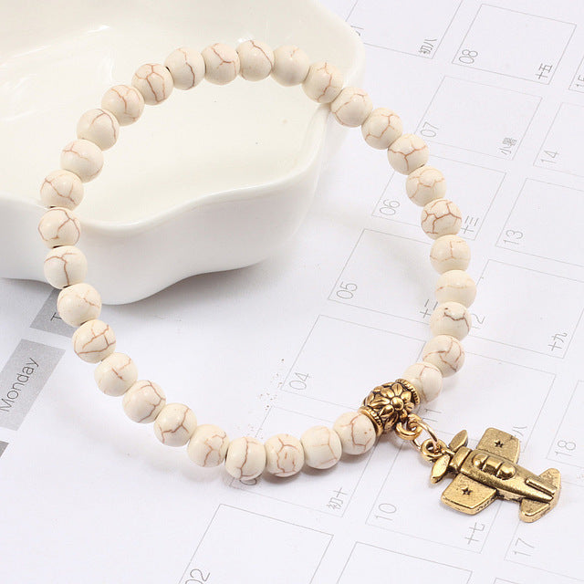 Fashion Matte Black Turquoises Beaded Bracelet For Women Alloy Gold Plane