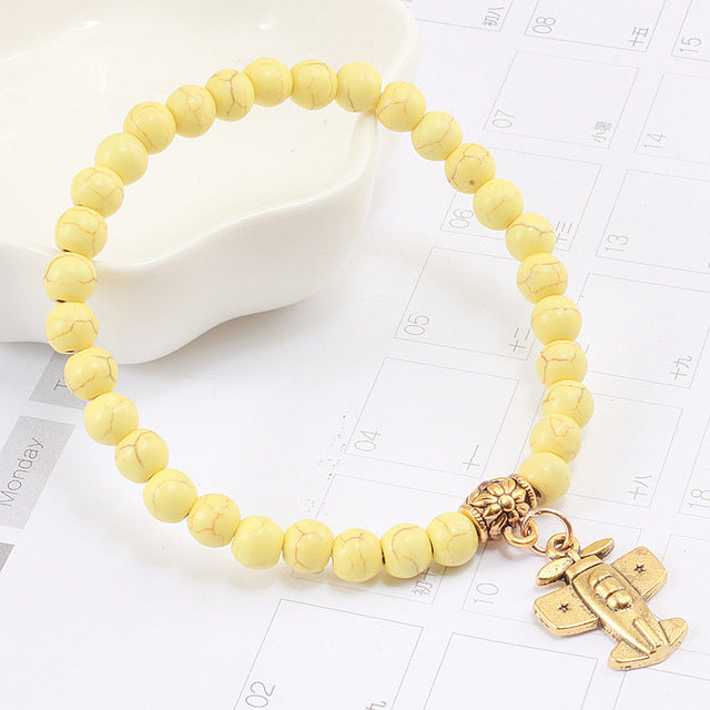 Fashion Matte Black Turquoises Beaded Bracelet For Women Alloy Gold Plane
