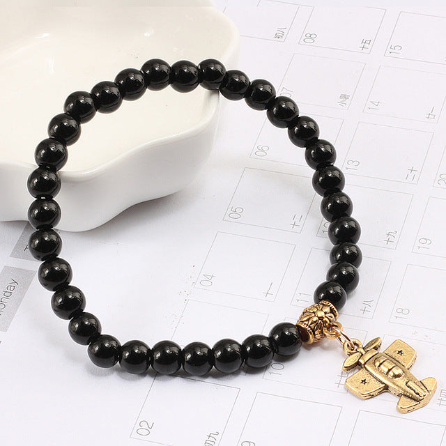 Fashion Matte Black Turquoises Beaded Bracelet For Women Alloy Gold Plane