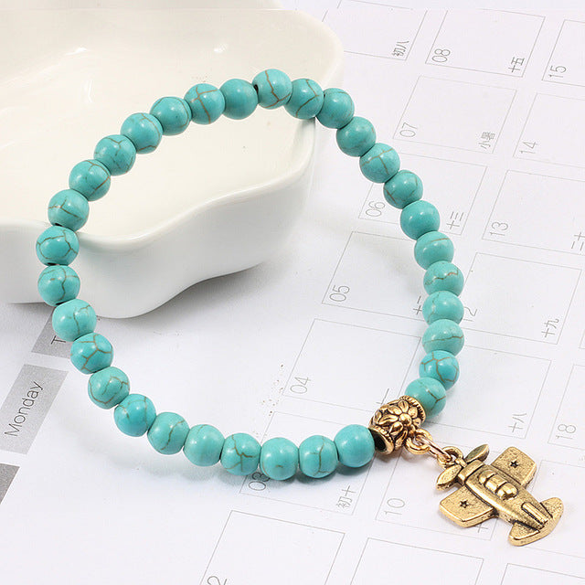 Fashion Matte Black Turquoises Beaded Bracelet For Women Alloy Gold Plane