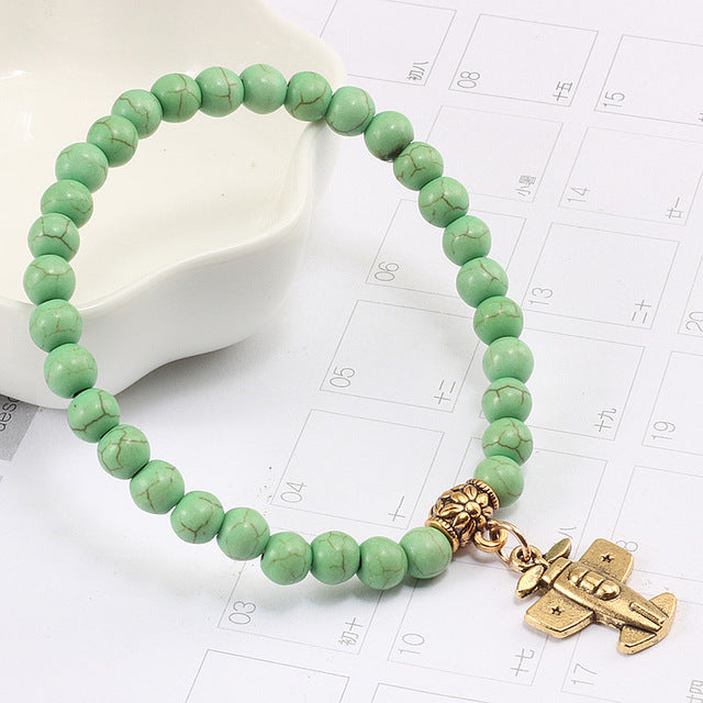 Fashion Matte Black Turquoises Beaded Bracelet For Women Alloy Gold Plane