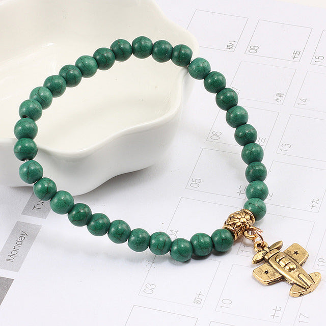 Fashion Matte Black Turquoises Beaded Bracelet For Women Alloy Gold Plane